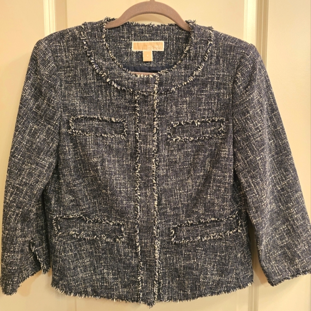 Michael Kors Blue Tweed Moto Blazer, Size 6